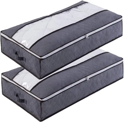 Two gray storage bags with clear windows for under-bed storage, stacked on top of each other.