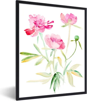 Produktbild von MuchoWow® MuchoWow® Gerahmtes Poster Blumen - Aquarell - Rosa 30x40 cm - Poster mit zchwarzem Bilderrahmen - Wanddeko - Kunstdrucke