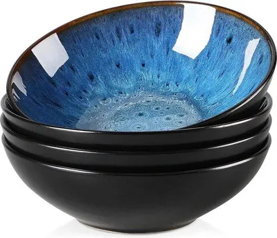 Produktbild von Famanu große blaue Steingut Frühstücks-Schüssel - 600 ml - Set von 4 - Ofen geeignet