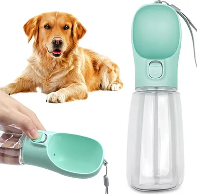 Produktbild von Hundewasserflasche, auslaufsicherer tragbarer Welpenwasserspender mit Trinkfutterautomat für Haustiere, Katze, im Freien, Wandern, Reisen, Kunststoff in Lebensmittelqualität (550ML, grün)