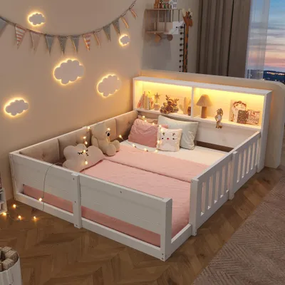 Produktbild von Flachbett, Gitterbett, 140 x 200 cm, Kinderbett mit Gitter, Mit gepolsterten Bettseitenm, Ohne Matratze, Minimalistischer Stil, Mit LED-Lichtleiste, Weiß