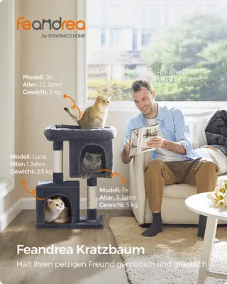 Produktbild von Feandrea Kratzbaum, 74 cm Katzenbaum, M, Katzenhaus für mittelgroße Katzen bis zu 5 kg, große Plattform, 2 Katzenhöhlen, Sisalstämme, rauchgrau PCT612G01