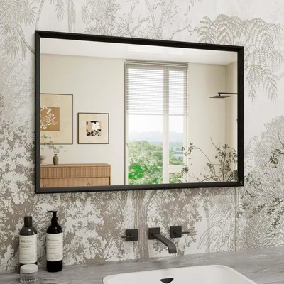 Immagine prodotto di Specchio da bagno, 45x65 cm, nero, rettangolare, aspetto legno, vetro di sicurezza, resistente all'acqua