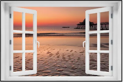 Produktbild von Wallario Wandbild mit Fenster-Illusion: Strand am Abend - Seebrücke am Ostseebad Heringsdorf, Größe: 61 x 91,5 cm, Poster mit schwarzem Aluminiumrahmen