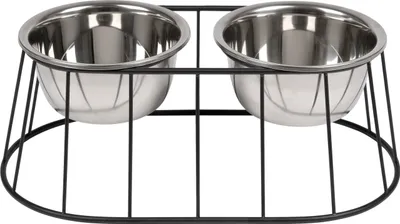 Immagine prodotto di WONDERMAKE Ciotola per cani di design rialzata per cani di taglia media/grande con supporto, ciotola per cibo per cani stazione di alimentazione antiscivolo in acciaio inox, ciotola per cibo set di 2 ciotole doppie, 47x26,5x17 cm, argento nero