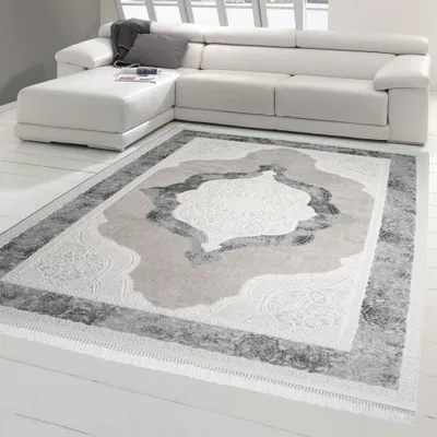 Produktbild von Wollteppich - Läufer 80x300 cm - Ornamente in Grau Creme Beige Größe - 80 x 300 cm