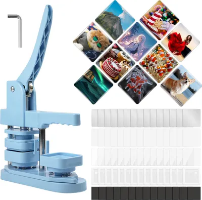 A light blue button maker machine is shown on the left, with a collage of various button designs on the right, and rows of button components below.
