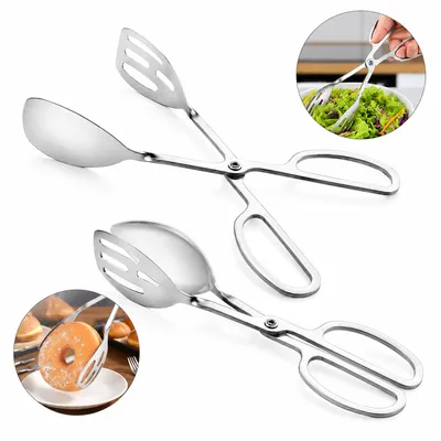 Produktbild von 2er-Set Salatzangen, hochwertige Scherenzangen aus Edelstahl, ungiftig, hitzebeständig, spülmaschinenfest, ideal für Buffet und Partys, Silberfarben