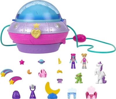 Image de Polly Pocket double plaisir Coffret ovni de princesse, 2 petites poupées, 15 accessoires, 1 tenue de mode, fonction Pop & Swap, dès 4 ans