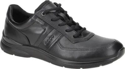 A black leather Ecco shoe is shown from the side against a white background.