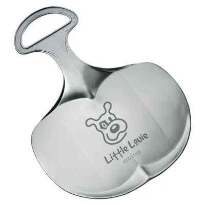 A silver sled with a handle and a cartoon dog logo.