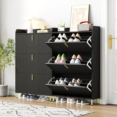 Produktbild von okwish Zwei modern Schuhschrank mit 6 Fächern,Schuhregal mit Anti-Kipp-Vorrichtung und Verstellbar,Schuhregal aus Holz mit goldfarbenen Metallfüßen und Griffen,Schwarz