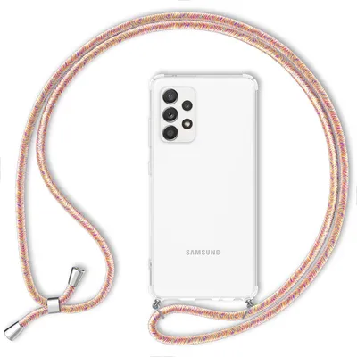 A clear phone case with a colorful lanyard attached, shown against a white background.