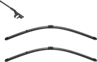 Two car windshield wiper blades and a wiper arm attachment are shown against a white background.