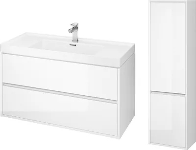 Produktbild von BADLAND Badmöbel Set CREA 100 Waschbecken-Unterschrank mit Hochschrank 140x40x25, 2-Türen, Weiß