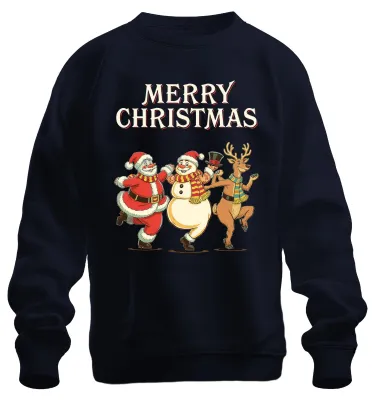 Produktbild von MERRY CHRISTMAS Weihnachtsmann Schneemann Rentier tanzend Sweatshirt Pullover, Navy, 3XL
