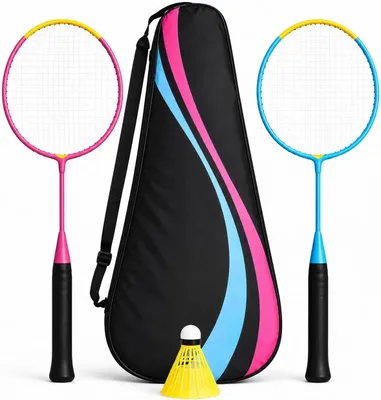 Produktbild von Badminton Set mit 2 Schlägern, Badmintonball & Tragetasche – Federball Set Erwachsene & Kinder – Profi Badmintonschläger Garten (Kinder Set)