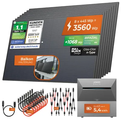 Produktbild von Solarway® All In One Balkonkraftwerk mit Speicher 3560W komplett Steckdose - 5,4 kWh Anker Solix 3 PRO Speicher