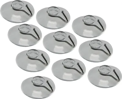 A collection of transparent suction cup hooks with metal hooks against a white background.