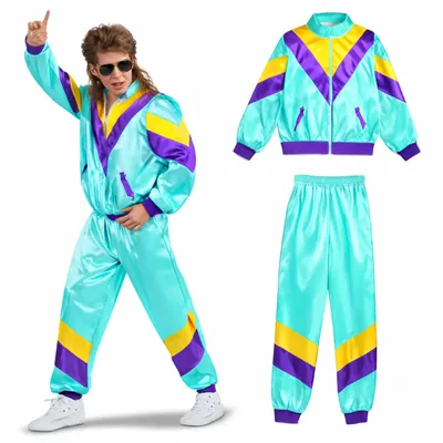 A man wearing an 80s/90s style tracksuit, posing with one hand raised. The tracksuit is displayed on the left, and a separate set of the tracksuit (jacket and pants) is shown on the right.