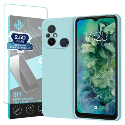 Produktbild von Hülle für Xiaomi Redmi 12C mit 9H Displayglas Displayschutz Case Cover Bumper Smartphone Softgrip Schutzhülle Farbe: Hellblau