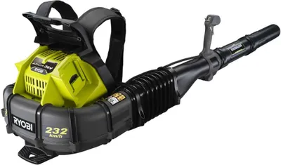 A Ryobi backpack leaf blower is shown against a white background.