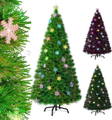 Obrázok produktu pre LARS360 Umelý vianočný stromček, výška 120 cm, s LED osvetlením, optickými vláknami vytvárajúcimi svetelné efekty a s aplikovanými vločkami. Stromček má kovový stojan
