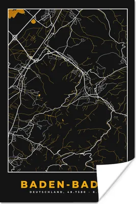 Produktbild von MuchoWow® Poster Stadtplan - Karte - Baden Baden - Gold - Deutschland - Karte 40x60 cm - Plakate für die Wand - Poster Babyzimmer