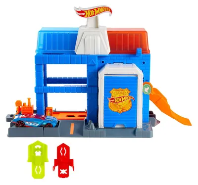 Produktbild von Hot Wheels City Downtown Polizeistation-Spielset und Die-Cast-Polizeispielzeugauto im Maßstab 1:64, Fahrzeug- & Schienen-Set, 3 Jahr(e), Kunststoff, Mehrfarbig