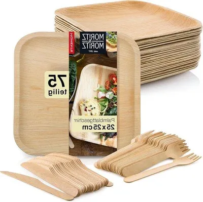 Produktbild von Ökologisches 75-teiliges Palmblatt-Service mit 25 Holzbesteck und biologisch abbaubaren Borden