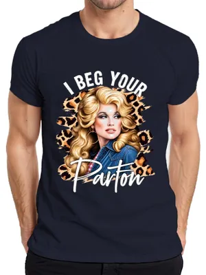 Imagen del producto de Camiseta para hombre, estilo retro western, con la imagen de la cantante de música country "I Beg Your Parton", diseño "Dolly" de los años 80, color azul marino, talla S