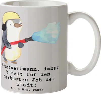 Produktbild von Mr. & Mrs. Panda Kaffeebecher Feuerwehrmann Held - Grau Pastell - Geschenk, Feuerwehr, Stadt, Leidenschaft, Abenteuer, Berufspassion, Becher, Kaffeetasse, haferl, Tasse