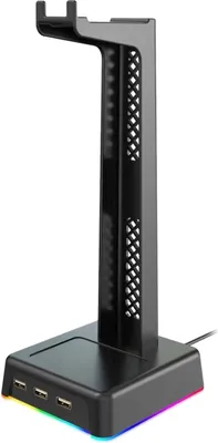 A black headphone stand with USB ports and LED lighting.