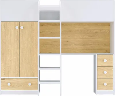 Produktbild von Zwischengeschossbett 90 x 190 cm mit Kleiderschrank und Schreibtisch - Weiß und Natur - CINAMO