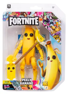 A Fortnite Peely Banane action figure in its retail packaging.