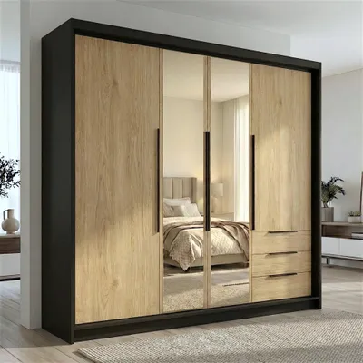 A bedroom scene with a large wardrobe as the main focus.
