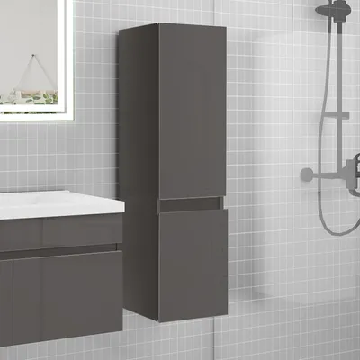 Produktbild von Hochschrank 110 cm HUTI-Serie Badschrank mit 2 Hochglanz Türen und 3 Stauräume Wandschrank Hängeschrank Dunkelgrau