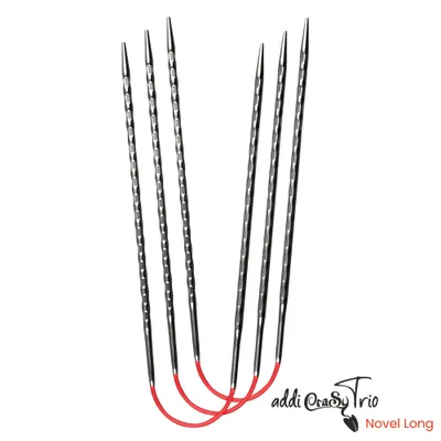 A set of circular knitting needles with red connecting cords, presented on a white background with branding.