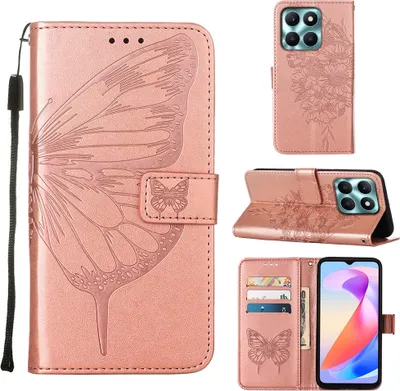 Produktbild von Lederhülle für Honor X6A Schmetterling Prägung Flip Ledertasche Kartenfächer Handyhülle mit Ständer Pink