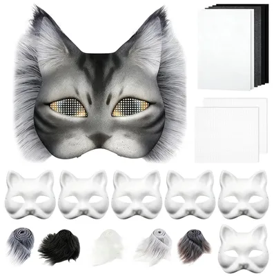 DIY-Katzenmasken-Set, 6 Stück, mit Kunstfell, Filz und Augennetz, 21 x 30 cm