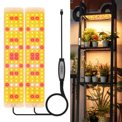 A collage showing two LED grow light panels and a grow light setup with plants on shelves.