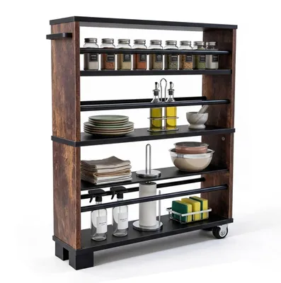 Image de Étagère de niche Relaxdays, dimensions : 80 x 13 x 50 cm, étagère de niche étroite pour salle de bains et cuisine, 4 niveaux, poignée pour étagère à roulettes, noir-marron