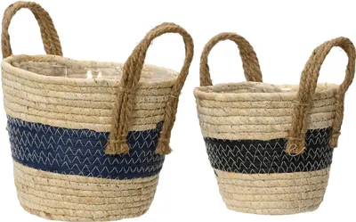 Produktbild von Blumentopf geflochten mit Henkel 14-17cm Natur / Blau Schwarz 2er Set