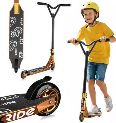 A collage of images showing a stunt scooter and a boy riding it.