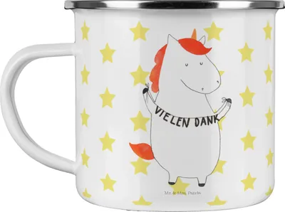 Produktbild von Mr. & Mrs. Panda Pott Einhorn Dankeschön - Weiß - Geschenk, Einhörner, Vielen Dank, Danksagung, Haferl, Emaille Becher, Danke, Unicorn, Campingtasse, Teetasse, Tasse