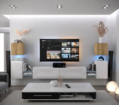 Produktbild von Furnitech Wohnwand Wohnzimmer - Wohnzimmer Möbel mit LED RGB - 16 Farben - Hängend Wohnwand Modern - Regale und TV Schrank (AN105-21DZW-HGM1 1B)