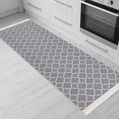 Image de Tapis de passage bohème style kilim - Salon, chambre, cuisine, chambre d'enfant, salle de bains - gris clair et blanc, 60 x 180 cm