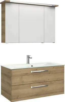Produktbild von Pelipal Badmöbel-Set Kumba BxHxT 107 x 200 x 50 cm Frontfarbe riviera eiche mit Glas-Waschtisch weiß 99.107032547
