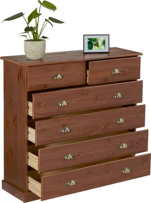 Produktbild von Kommode PARIS aus Massivholz, Kastanie Finish - Apothekerkommode aus Kiefernholz mit 6 Schubladen, Landhausstil mit Muschelgriffen, Schubladenschrank ideal für Schlafzimmer oder Eingangsbereich