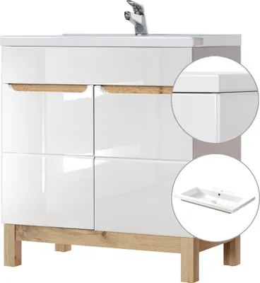Produktbild von Waschtischunterschrank inkl. 81 cm Keramikbecken SOLNA-56 Hochglanz weiß, Wotaneiche, B x H x T ca. 81 x 85 x 46cm
